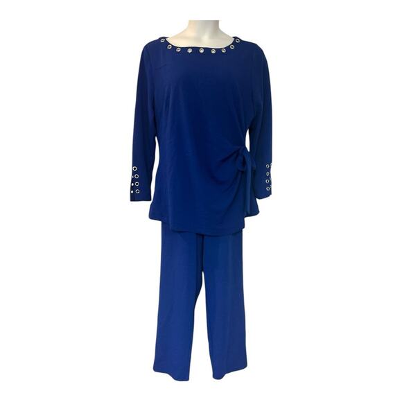 Midnight Velvet Grommet Tunic Stretchy Office Desk to Dinner Party Blue Pantset - Picture 2 of 16